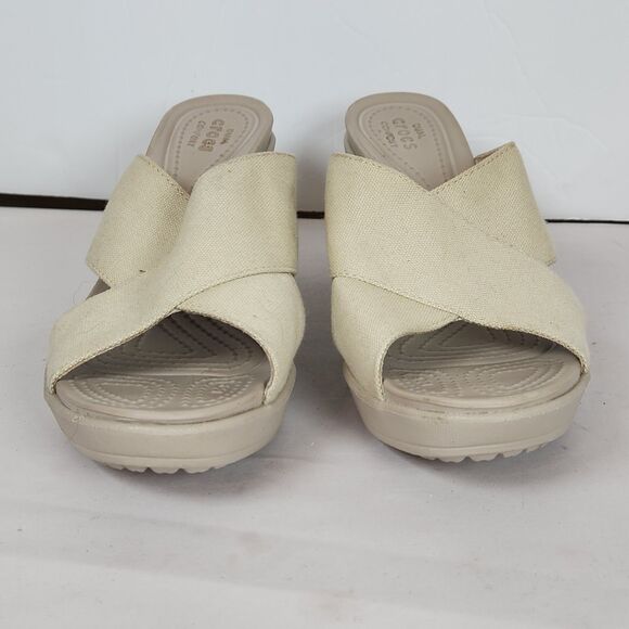 Crocs Wedge Sandal Crocs Leigh II XStrap‎ Wedge Beige beach vacation Size 9 - Picture 3 of 9